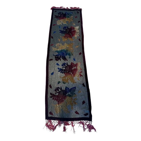 Floral Velvet Sheer Scarf With Tassels - Western Fashion 30% Silk 70% Viscose - Picture 2 of 7